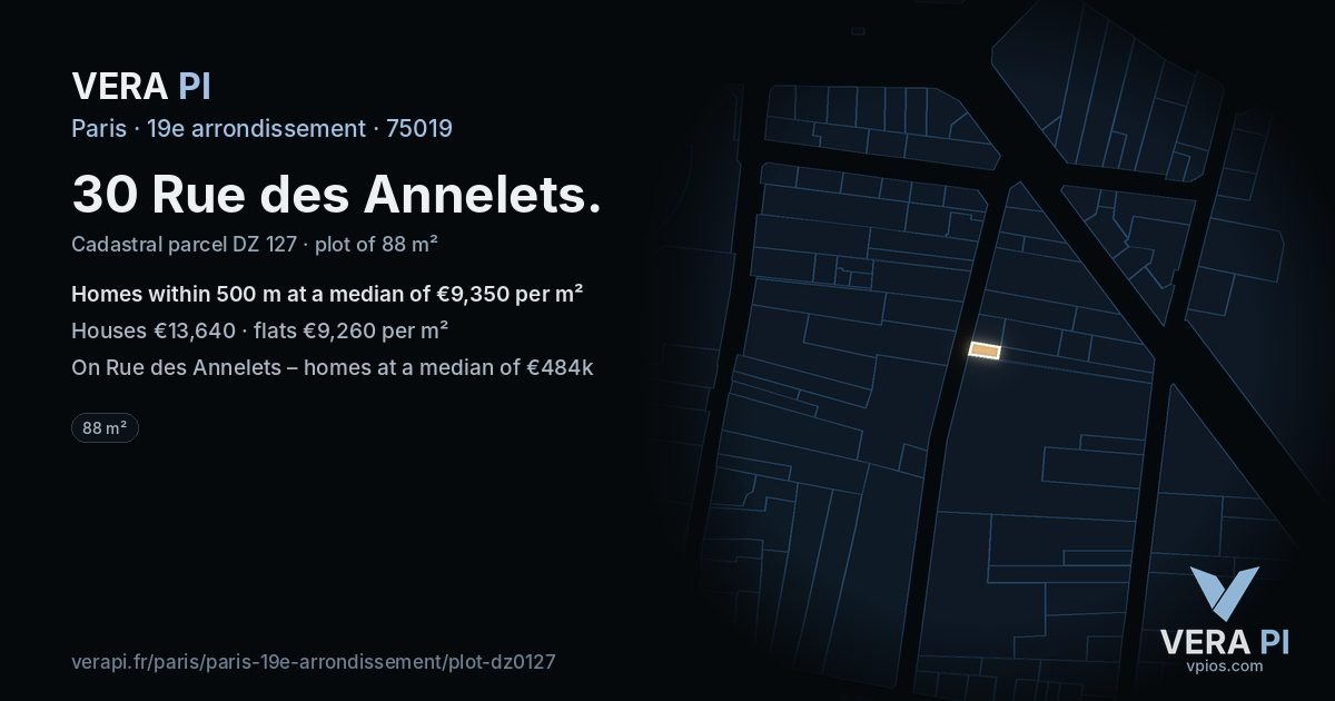 30 Rue des Annelets, 19e arrondissement at night – the plot lit, the parcels around coloured by the prices near them