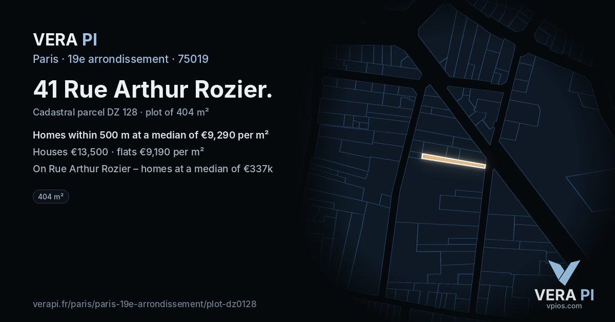 41 Rue Arthur Rozier, 19e arrondissement at night – the plot lit, the parcels around coloured by the prices near them