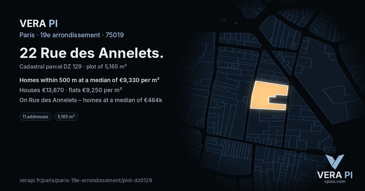 22 Rue des Annelets, 19e arrondissement at night – the plot lit, the parcels around coloured by the prices near them