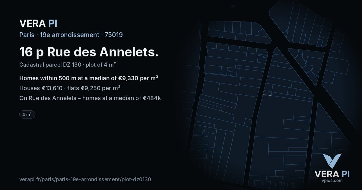 16 p Rue des Annelets, 19e arrondissement at night – the plot lit, the parcels around coloured by the prices near them