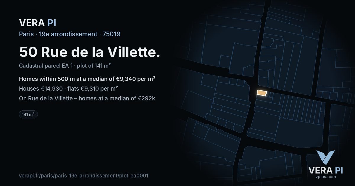 50 Rue de la Villette, 19e arrondissement at night – the plot lit, the parcels around coloured by the prices near them