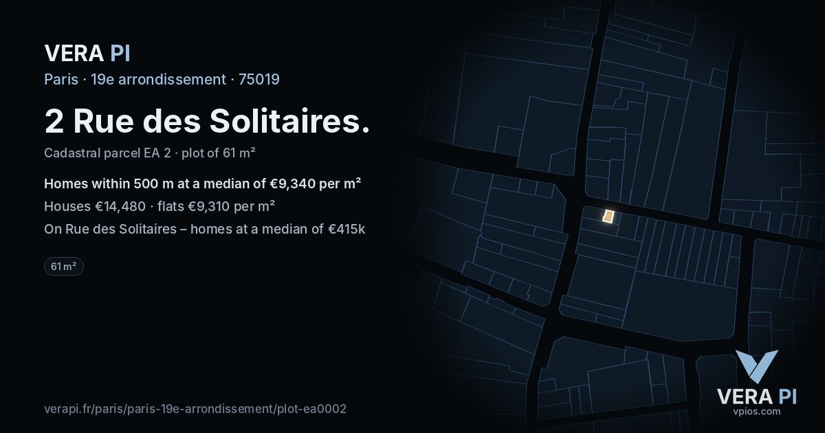 2 Rue des Solitaires, 19e arrondissement at night – the plot lit, the parcels around coloured by the prices near them