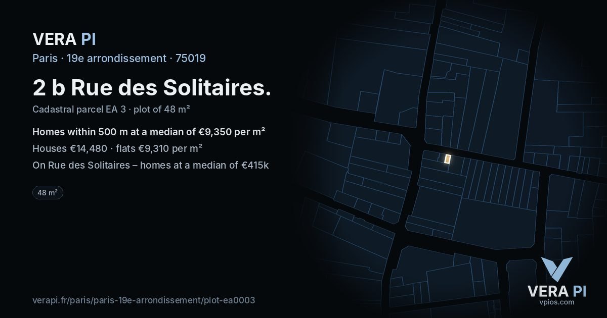 2 b Rue des Solitaires, 19e arrondissement at night – the plot lit, the parcels around coloured by the prices near them