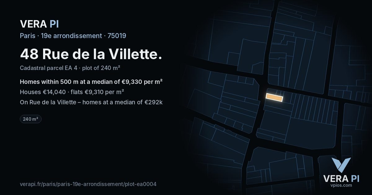 48 Rue de la Villette, 19e arrondissement at night – the plot lit, the parcels around coloured by the prices near them