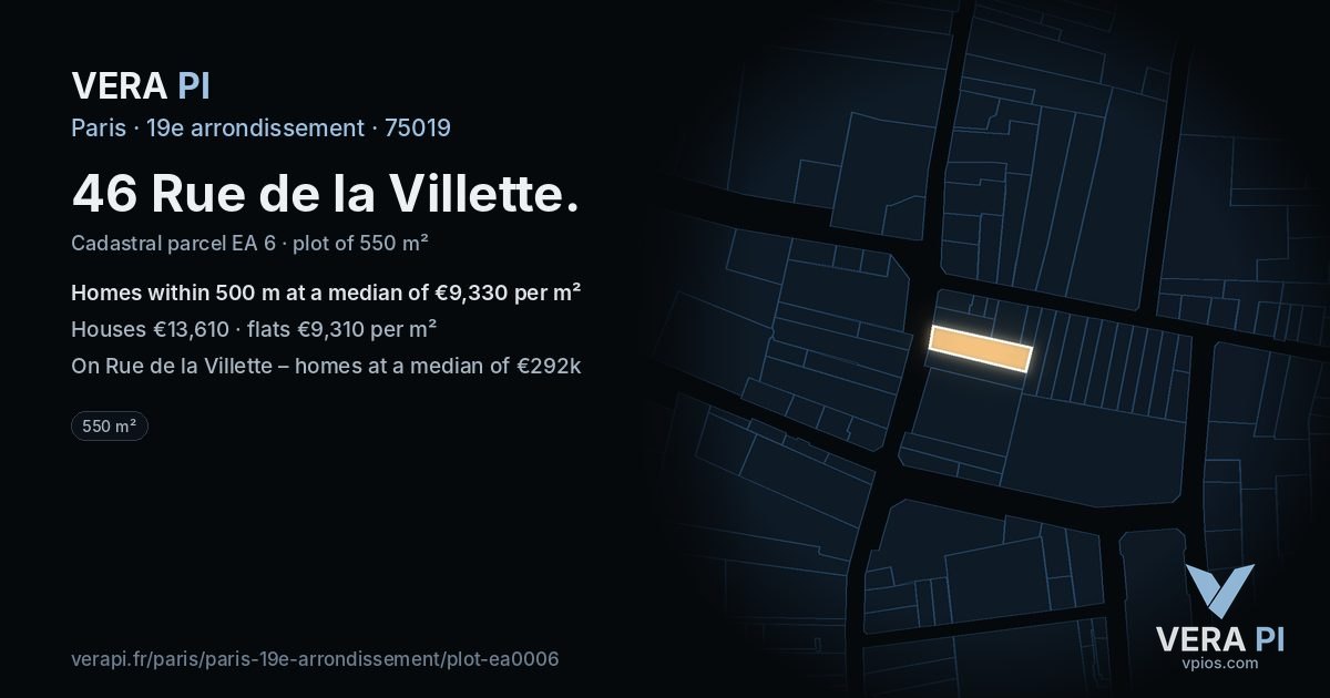 46 Rue de la Villette, 19e arrondissement at night – the plot lit, the parcels around coloured by the prices near them