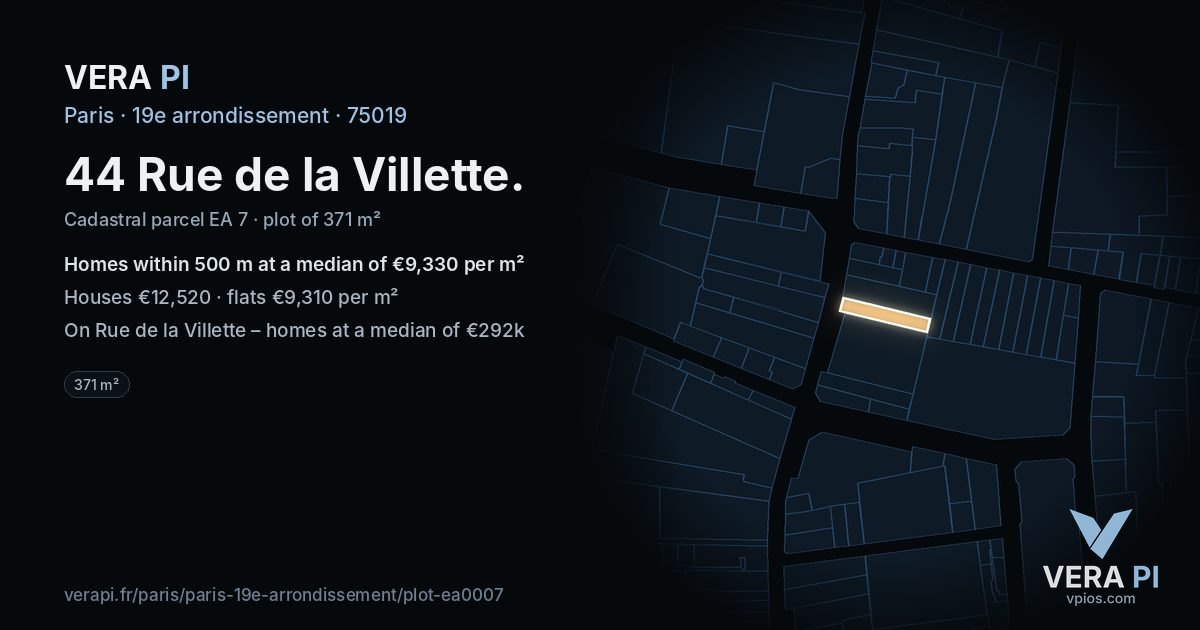 44 Rue de la Villette, 19e arrondissement at night – the plot lit, the parcels around coloured by the prices near them