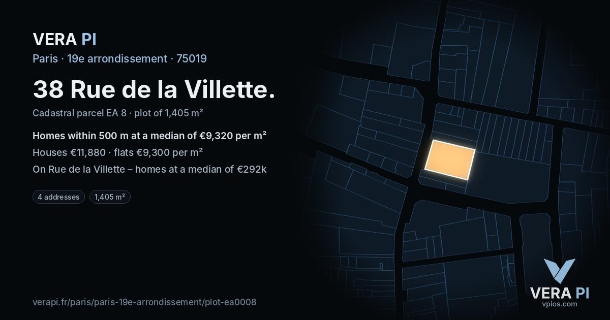 38 Rue de la Villette, 19e arrondissement at night – the plot lit, the parcels around coloured by the prices near them