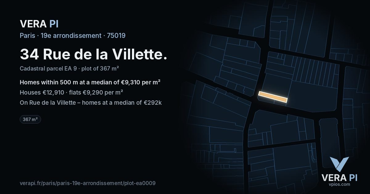 34 Rue de la Villette, 19e arrondissement at night – the plot lit, the parcels around coloured by the prices near them