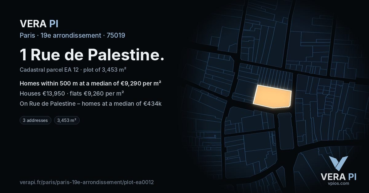 1 Rue de Palestine, 19e arrondissement at night – the plot lit, the parcels around coloured by the prices near them