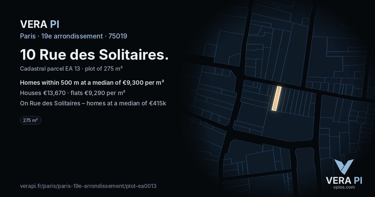10 Rue des Solitaires, 19e arrondissement at night – the plot lit, the parcels around coloured by the prices near them
