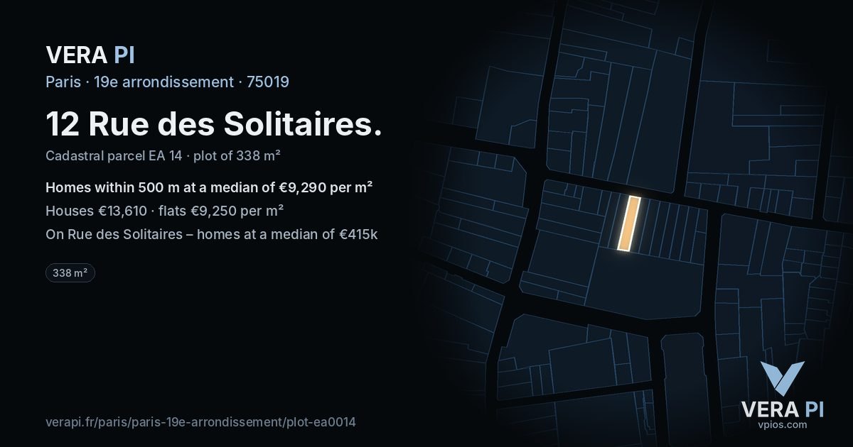 12 Rue des Solitaires, 19e arrondissement at night – the plot lit, the parcels around coloured by the prices near them