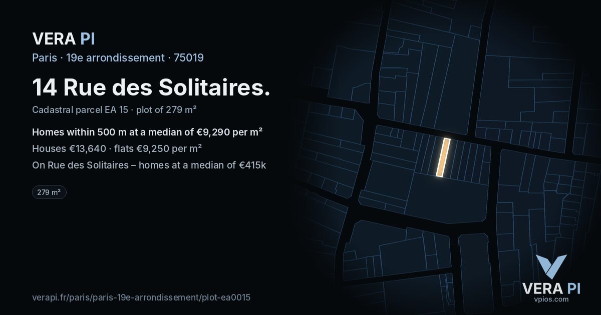 14 Rue des Solitaires, 19e arrondissement at night – the plot lit, the parcels around coloured by the prices near them