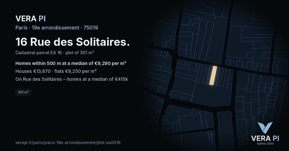 16 Rue des Solitaires, 19e arrondissement at night – the plot lit, the parcels around coloured by the prices near them