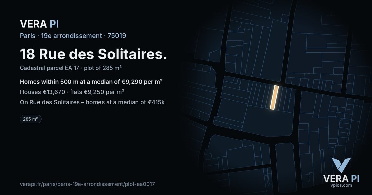18 Rue des Solitaires, 19e arrondissement at night – the plot lit, the parcels around coloured by the prices near them