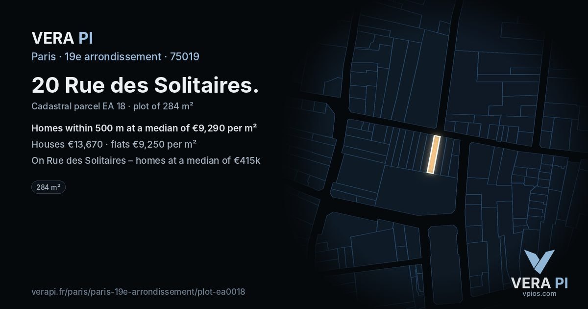 20 Rue des Solitaires, 19e arrondissement at night – the plot lit, the parcels around coloured by the prices near them