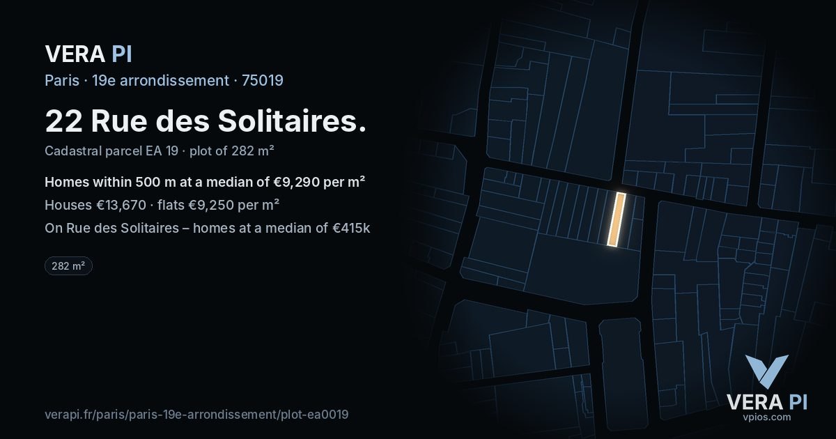22 Rue des Solitaires, 19e arrondissement at night – the plot lit, the parcels around coloured by the prices near them