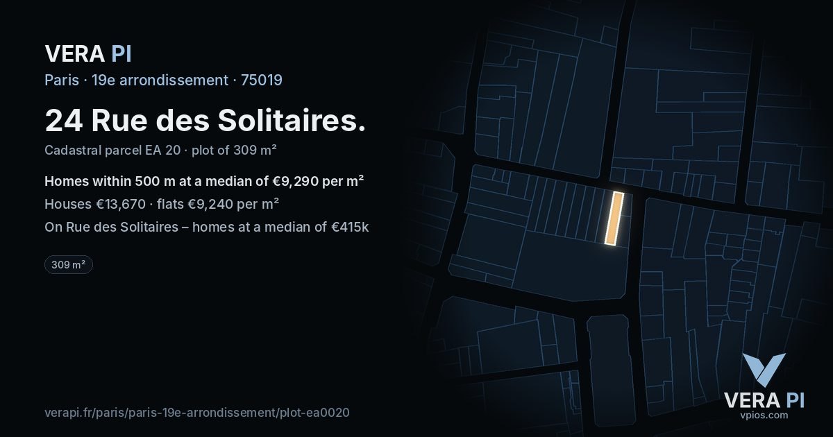 24 Rue des Solitaires, 19e arrondissement at night – the plot lit, the parcels around coloured by the prices near them