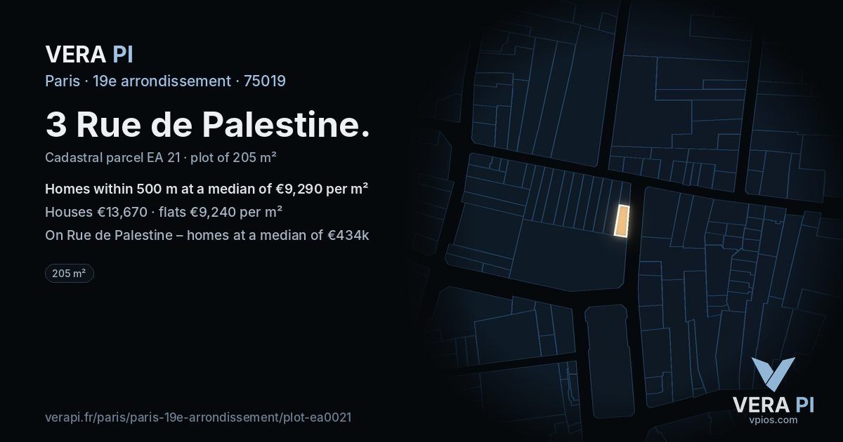 3 Rue de Palestine, 19e arrondissement at night – the plot lit, the parcels around coloured by the prices near them