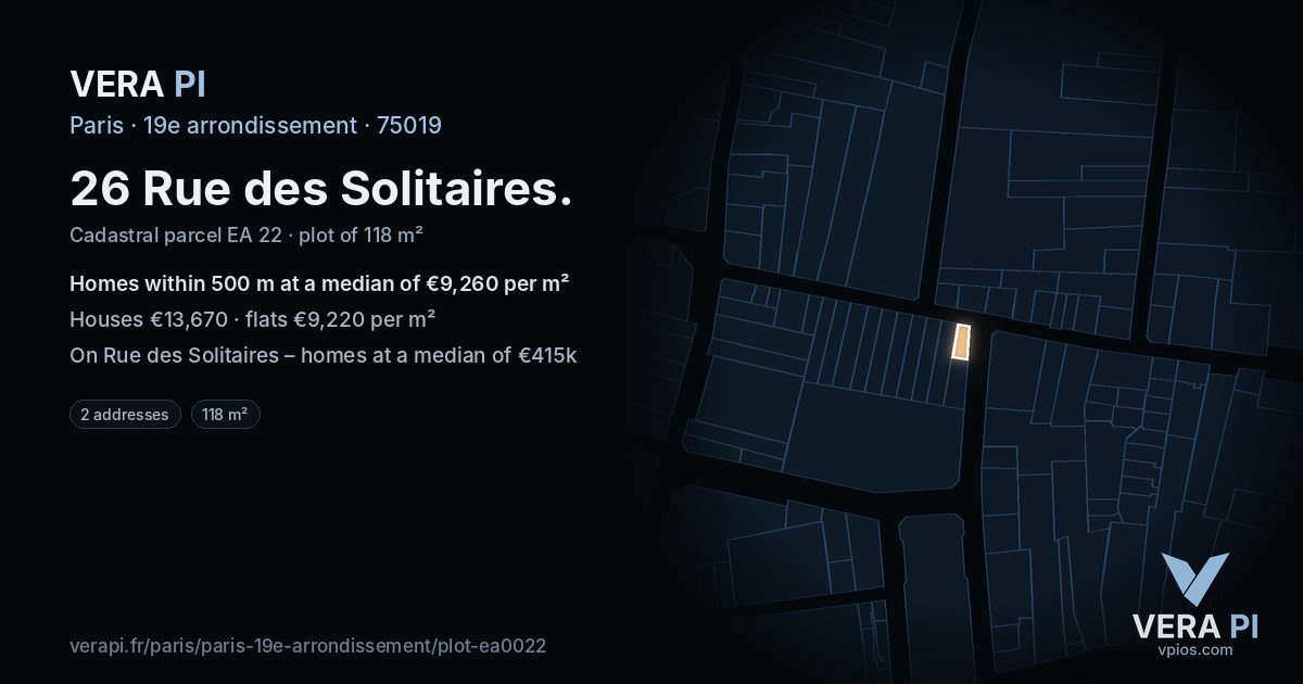 26 Rue des Solitaires, 19e arrondissement at night – the plot lit, the parcels around coloured by the prices near them