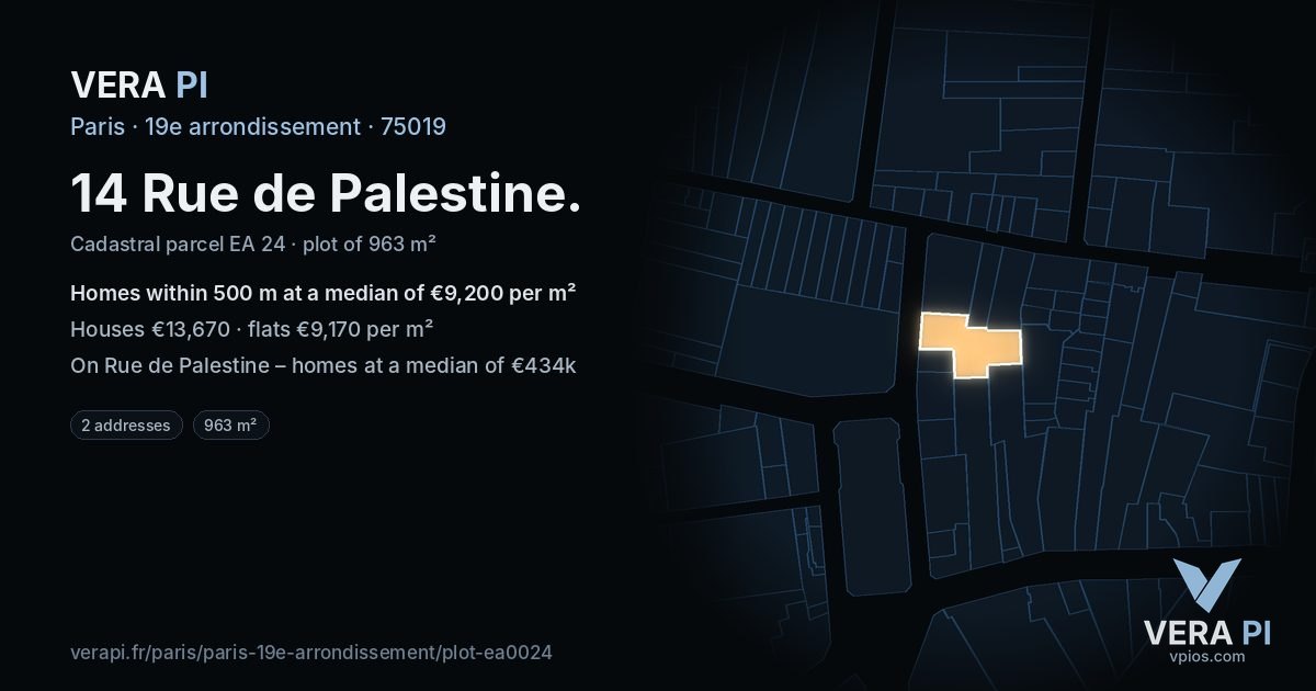 14 Rue de Palestine, 19e arrondissement at night – the plot lit, the parcels around coloured by the prices near them