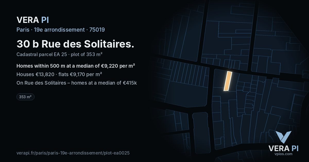 30 b Rue des Solitaires, 19e arrondissement at night – the plot lit, the parcels around coloured by the prices near them