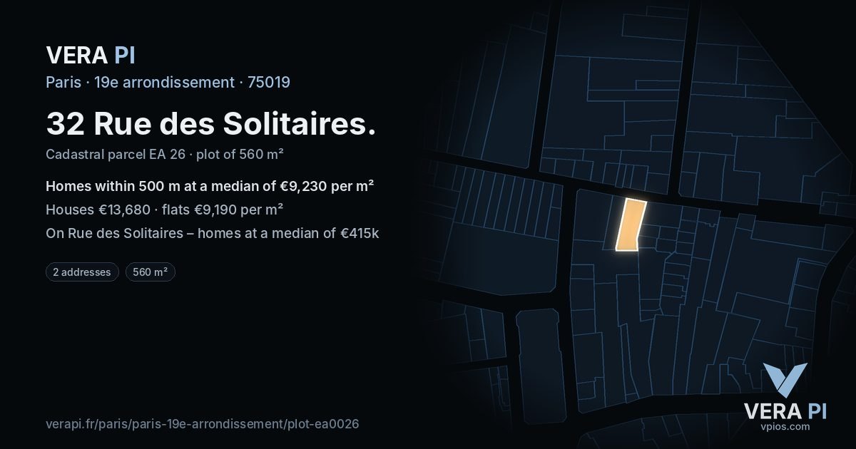 32 Rue des Solitaires, 19e arrondissement at night – the plot lit, the parcels around coloured by the prices near them