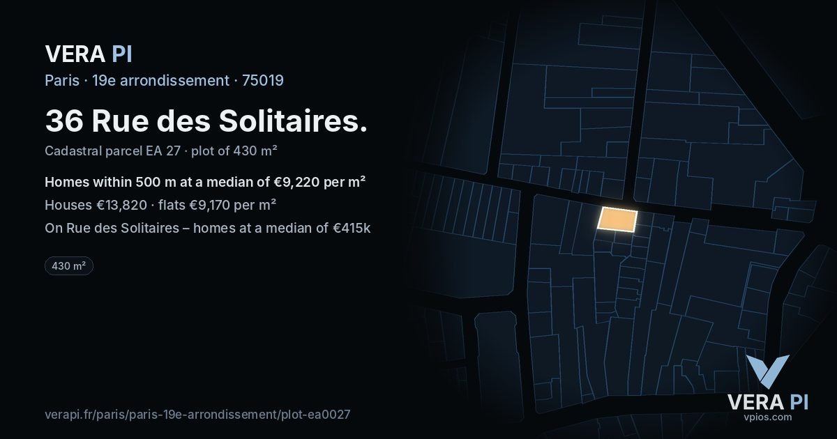 36 Rue des Solitaires, 19e arrondissement at night – the plot lit, the parcels around coloured by the prices near them