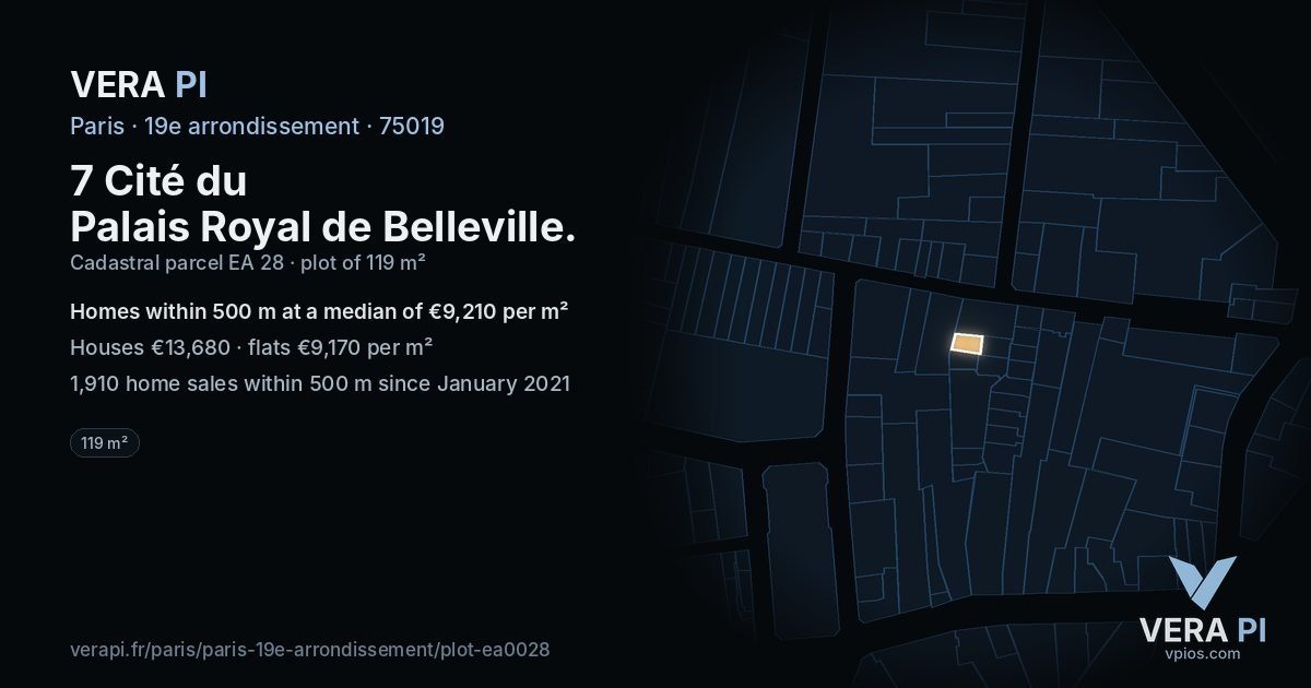 7 Cité du Palais Royal de Belleville, 19e arrondissement at night – the plot lit, the parcels around coloured by the prices near them