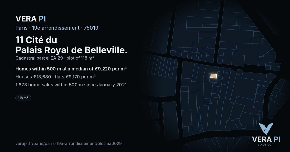 11 Cité du Palais Royal de Belleville, 19e arrondissement at night – the plot lit, the parcels around coloured by the prices near them