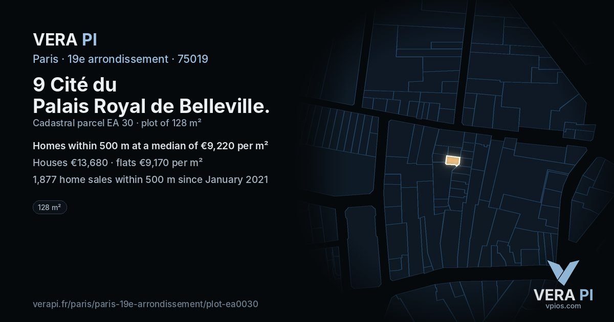 9 Cité du Palais Royal de Belleville, 19e arrondissement at night – the plot lit, the parcels around coloured by the prices near them