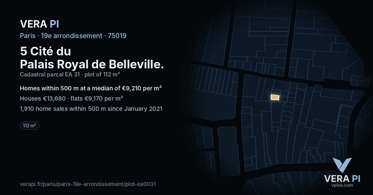 5 Cité du Palais Royal de Belleville, 19e arrondissement at night – the plot lit, the parcels around coloured by the prices near them