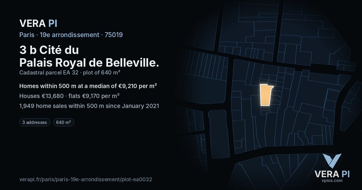 3 b Cité du Palais Royal de Belleville, 19e arrondissement at night – the plot lit, the parcels around coloured by the prices near them