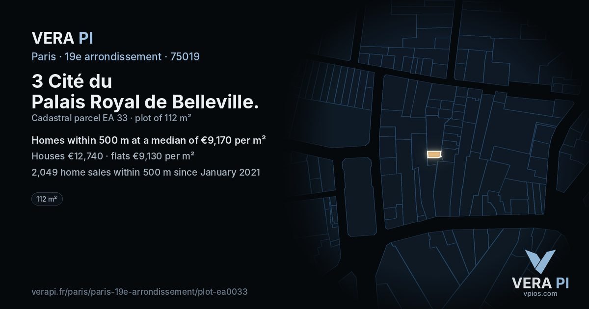 3 Cité du Palais Royal de Belleville, 19e arrondissement at night – the plot lit, the parcels around coloured by the prices near them