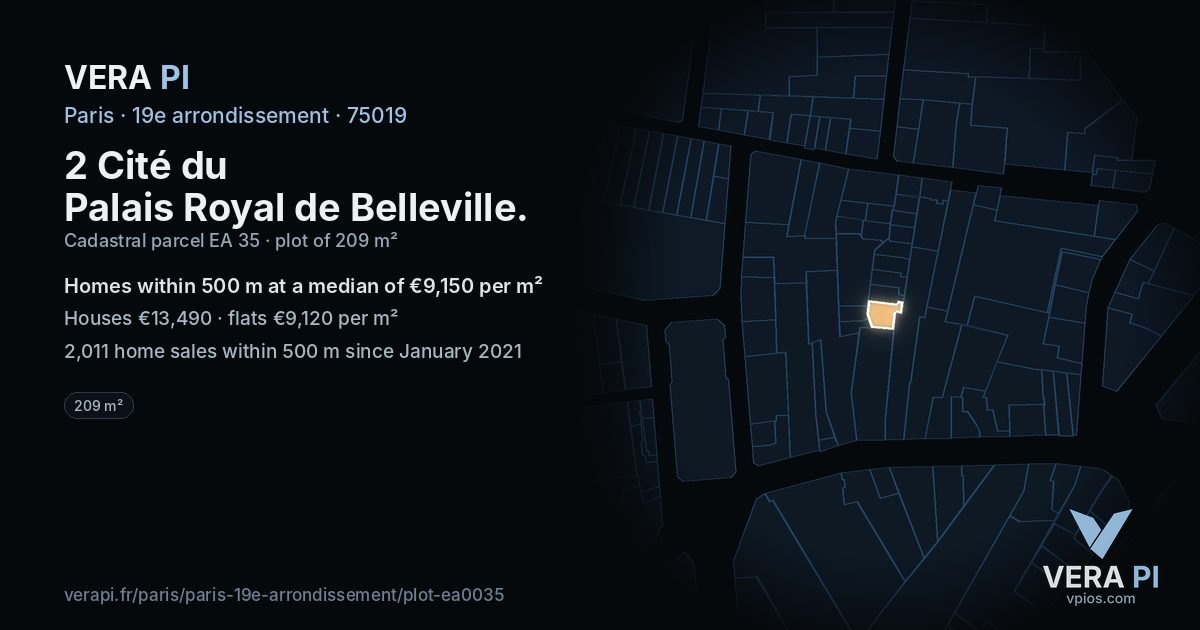 2 Cité du Palais Royal de Belleville, 19e arrondissement at night – the plot lit, the parcels around coloured by the prices near them