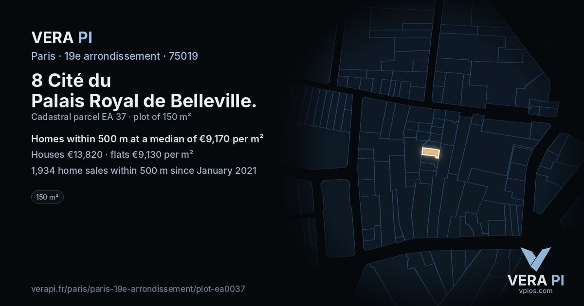8 Cité du Palais Royal de Belleville, 19e arrondissement at night – the plot lit, the parcels around coloured by the prices near them
