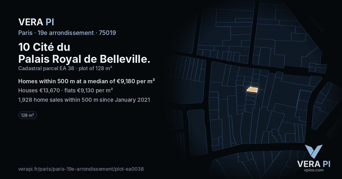 10 Cité du Palais Royal de Belleville, 19e arrondissement at night – the plot lit, the parcels around coloured by the prices near them
