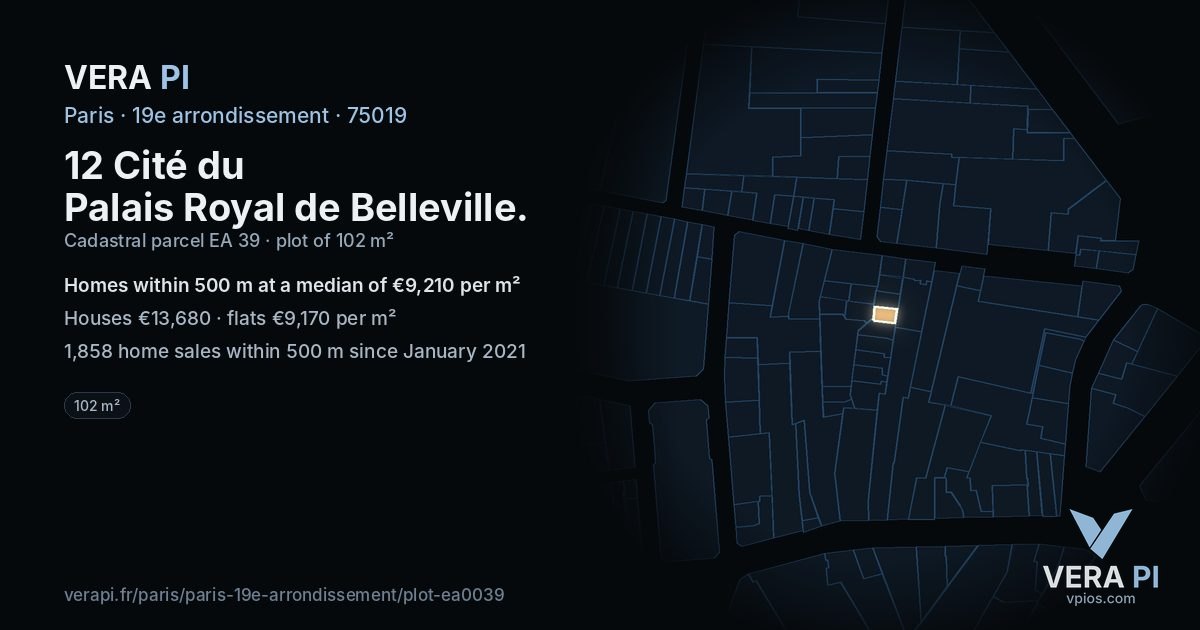 12 Cité du Palais Royal de Belleville, 19e arrondissement at night – the plot lit, the parcels around coloured by the prices near them