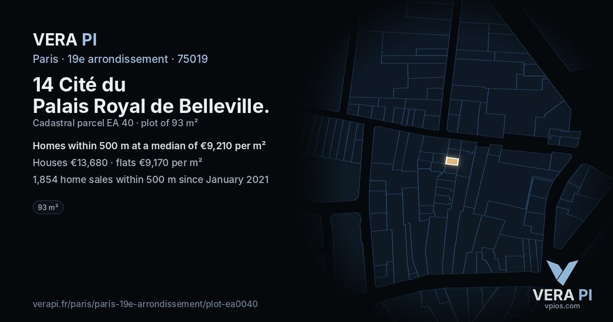 14 Cité du Palais Royal de Belleville, 19e arrondissement at night – the plot lit, the parcels around coloured by the prices near them