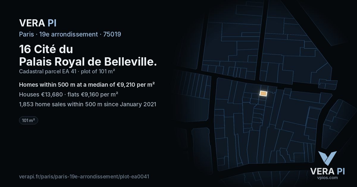 16 Cité du Palais Royal de Belleville, 19e arrondissement at night – the plot lit, the parcels around coloured by the prices near them