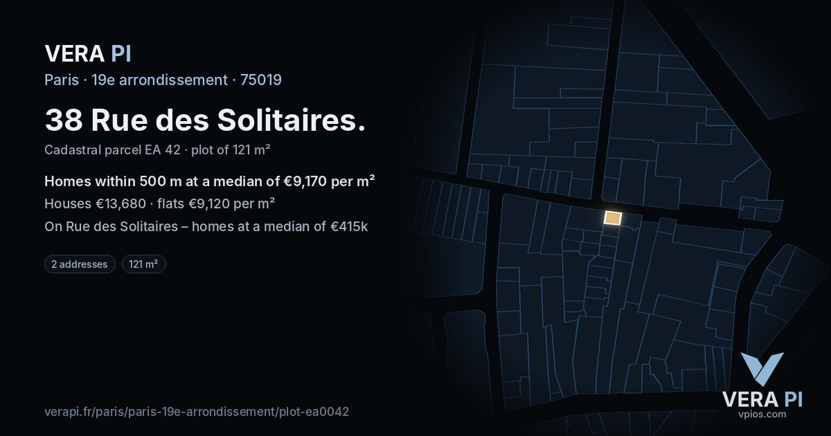 38 Rue des Solitaires, 19e arrondissement at night – the plot lit, the parcels around coloured by the prices near them