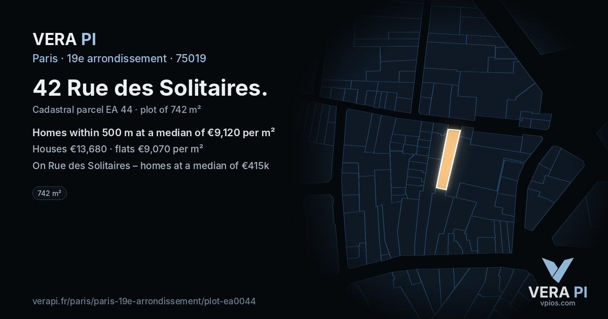 42 Rue des Solitaires, 19e arrondissement at night – the plot lit, the parcels around coloured by the prices near them