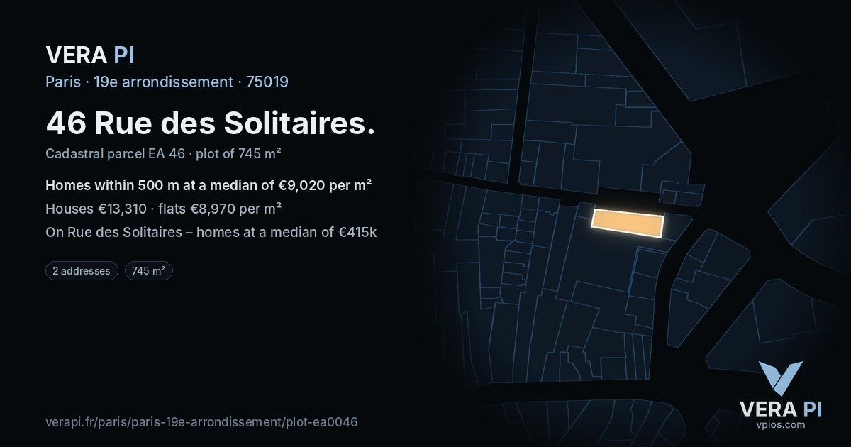 46 Rue des Solitaires, 19e arrondissement at night – the plot lit, the parcels around coloured by the prices near them