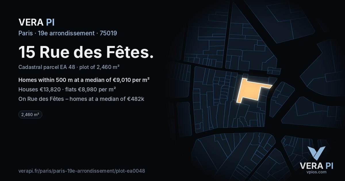 15 Rue des Fêtes, 19e arrondissement at night – the plot lit, the parcels around coloured by the prices near them