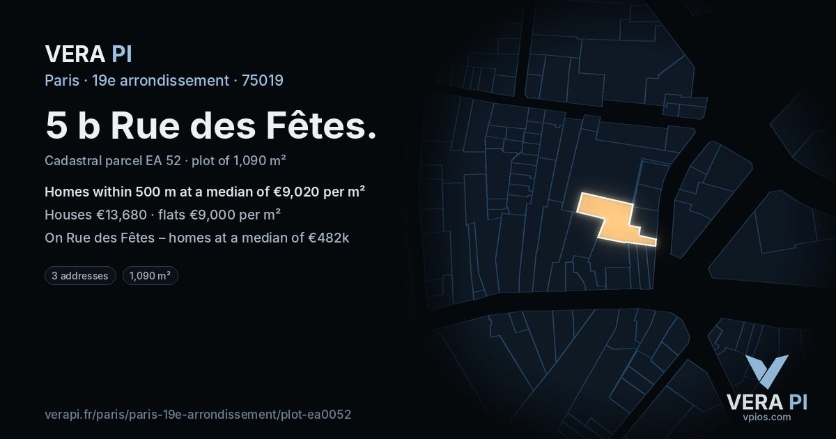 5 b Rue des Fêtes, 19e arrondissement at night – the plot lit, the parcels around coloured by the prices near them