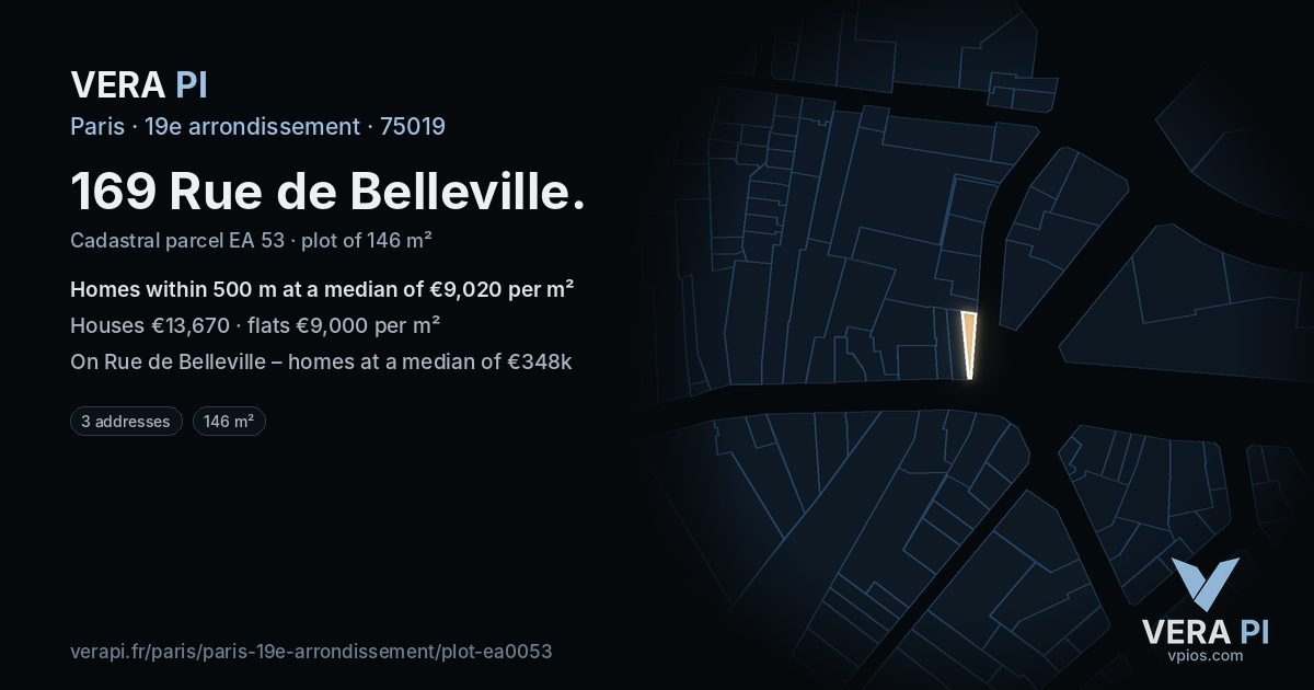 169 Rue de Belleville, 19e arrondissement at night – the plot lit, the parcels around coloured by the prices near them