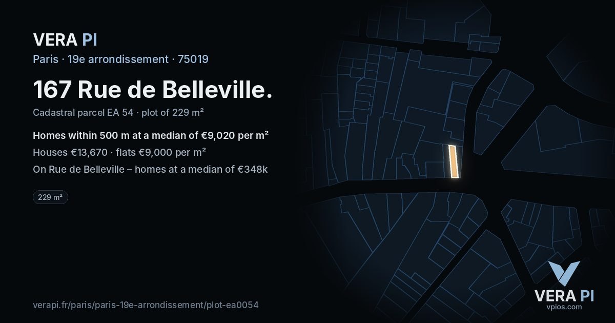 167 Rue de Belleville, 19e arrondissement at night – the plot lit, the parcels around coloured by the prices near them