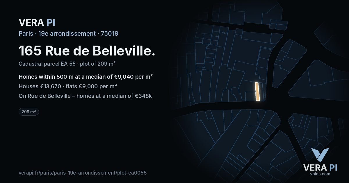 165 Rue de Belleville, 19e arrondissement at night – the plot lit, the parcels around coloured by the prices near them