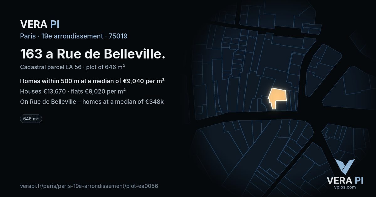 163 a Rue de Belleville, 19e arrondissement at night – the plot lit, the parcels around coloured by the prices near them