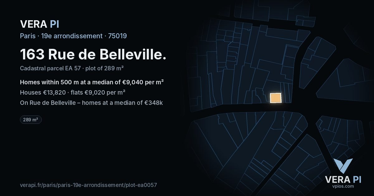163 Rue de Belleville, 19e arrondissement at night – the plot lit, the parcels around coloured by the prices near them