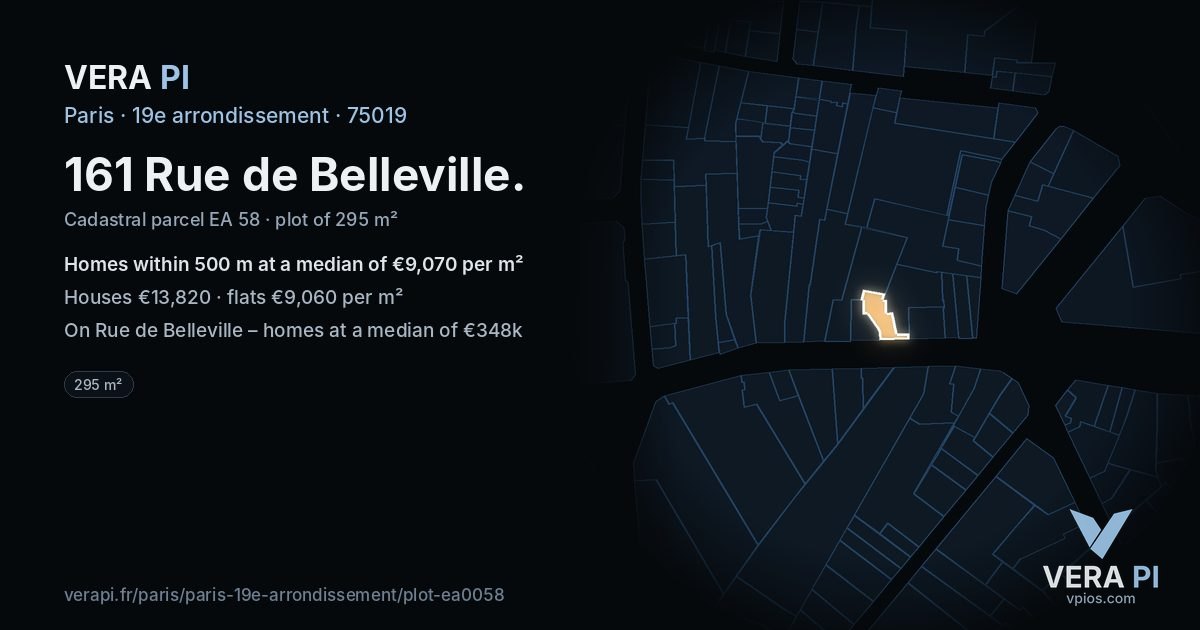 161 Rue de Belleville, 19e arrondissement at night – the plot lit, the parcels around coloured by the prices near them